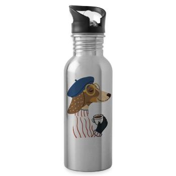 French Dachshund Dog Drinking Coffee Cartoon - 20 oz Water Bottle - silver - Right