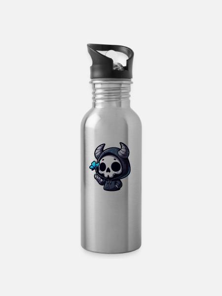 Horned Skull with Blue Butterfly - 20 oz Water Bottle - silver