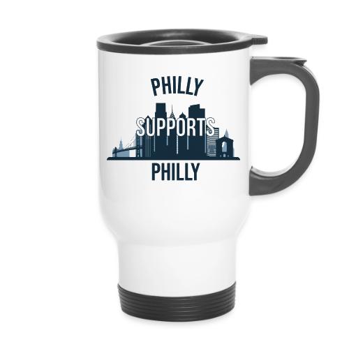 Philly Supports Philly skyline blue transparentbg - 14 oz Travel Mug with Handle