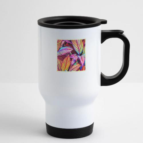 Striped Neon Leaves Design - 14 oz Travel Mug with Handle