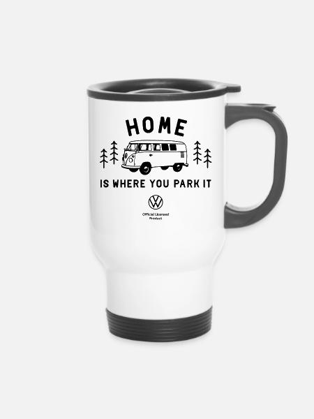 Volkswagen VW Bulli Home Is Where You Park It - 14 oz Travel Mug with Handle - white