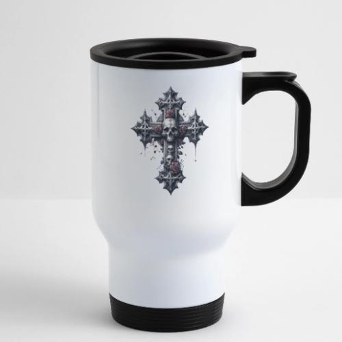 Gothic Cross Collection - Skulls and Red Roses - 14 oz Travel Mug with Handle
