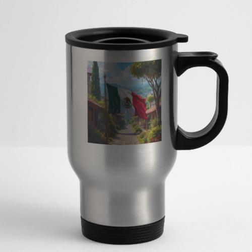 Mexican flag surrounded by nature and magic town - 14 oz Travel Mug with Handle