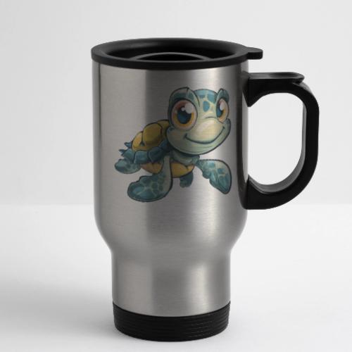 Playful Cartoon Baby Sea Turtle with a Smile - 14 oz Travel Mug with Handle