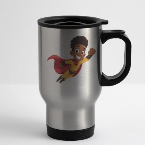 Flying Cartoon Superhero Boy in Red Cape - 14 oz Travel Mug with Handle