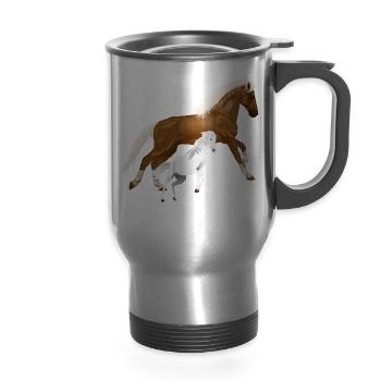 Mare and White Foal Horse Art - 14 oz Travel Mug with Handle - silver - Front