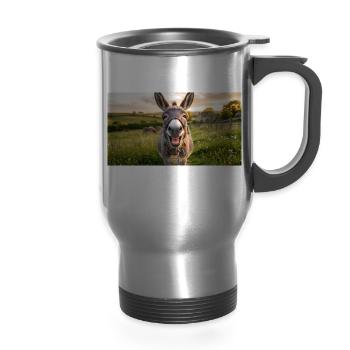 Happy Donkey - 14 oz Travel Mug with Handle - silver - Front