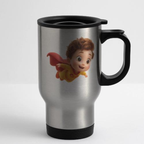 Flying Cartoon Superhero Boy in Yellow Suit - 14 oz Travel Mug with Handle