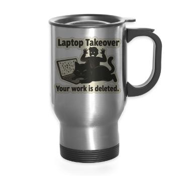 Laptop Takeover Cat Illustration - 14 oz Travel Mug with Handle - silver - Front