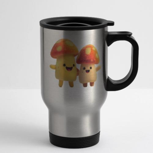 Joyful Cartoon Mushroom Duo - 14 oz Travel Mug with Handle