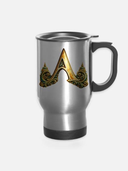 Ornate Gold A Monogram - 14 oz Travel Mug with Handle - silver