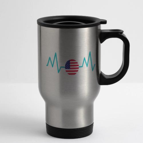 Heartbeat USA Flag – Patriotic American Pride Tee - 14 oz Travel Mug with Handle