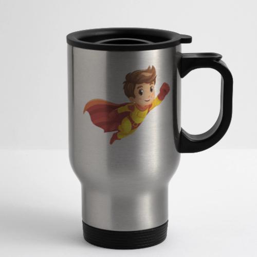 Cheerful Cartoon Superhero Boy Flying High - 14 oz Travel Mug with Handle