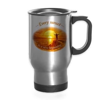 Sunset Embrace: A New Beginning - 14 oz Travel Mug with Handle - silver - Front