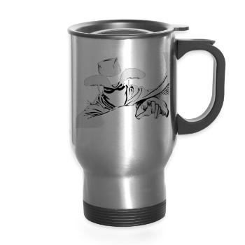 Shadowed Cowboy Outlaw - 14 oz Travel Mug with Handle - silver - Front
