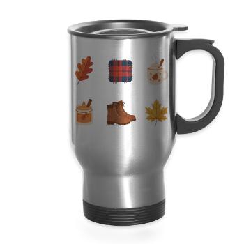 Autumn Plaid & Leaf Cozy Sketch - 14 oz Travel Mug with Handle - silver - Front