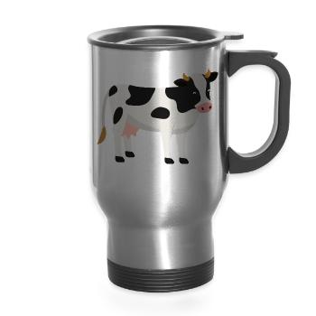 Cute Black and White Spotted Dairy Cow - 14 oz Travel Mug with Handle - silver - Front