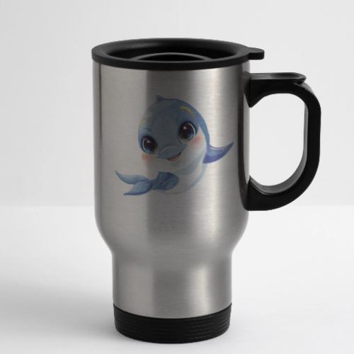 Joyful Blue-White Baby Dolphin - 14 oz Travel Mug with Handle