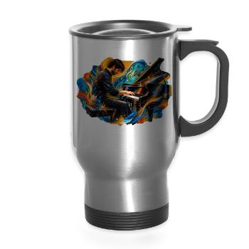 Piano Burst Colorful Music Art - 14 oz Travel Mug with Handle - silver - Front