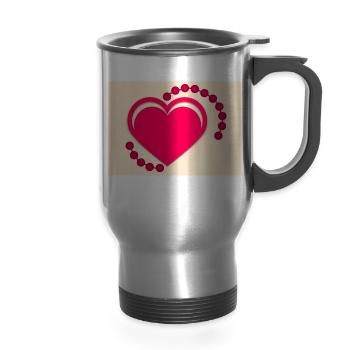 Beaded Heart Emblem - 14 oz Travel Mug with Handle - silver - Front