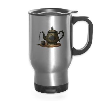 Ornate Gold Teapot on Wood Tray - 14 oz Travel Mug with Handle - silver - Front