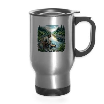Prospector Searching for Gold in Mountain Stream - 14 oz Travel Mug with Handle - silver - Front