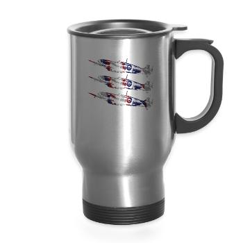 Three Spitfire British Warplanes - 14 oz Travel Mug with Handle - silver - Front