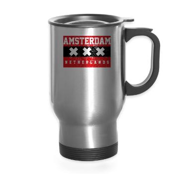 Amsterdam Netherlands - 14 oz Travel Mug with Handle - silver - Front