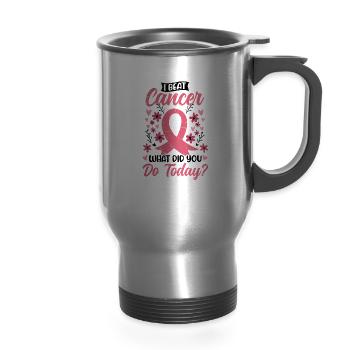 I Beat Cancer Pink Ribbon - Breast Cancer - 14 oz Travel Mug with Handle - silver - Front