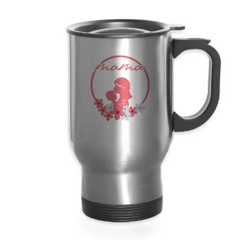 Cute Mama Baby Bond Flowers New Mom Son - 14 oz Travel Mug with Handle - silver - Front