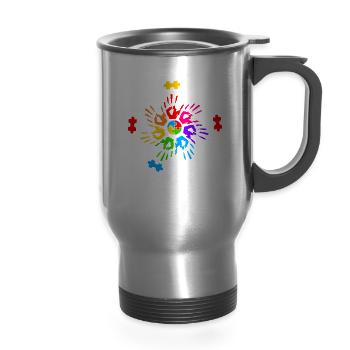 Teach Accept Understand Love Autism Hands - 14 oz Travel Mug with Handle - silver - Front