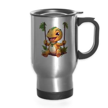 Dino T-Rex on Swing, Playful Prehistoric Design - 14 oz Travel Mug with Handle - silver - Front