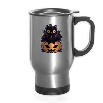 Cat Halloween Manga - 14 oz Travel Mug with Handle - silver - Front