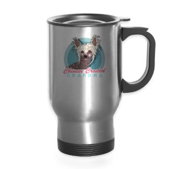 Chinese Crested Grandma Puff Crested Dog - 14 oz Travel Mug with Handle - silver - Front