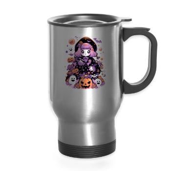 Halloween Anime Manga Aesthetic - 14 oz Travel Mug with Handle - silver - Front