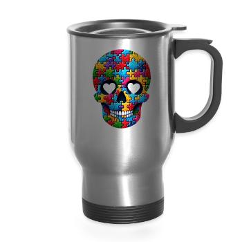 Puzzle Piece Skull Tee Autism Awareness Support - 14 oz Travel Mug with Handle - silver - Front
