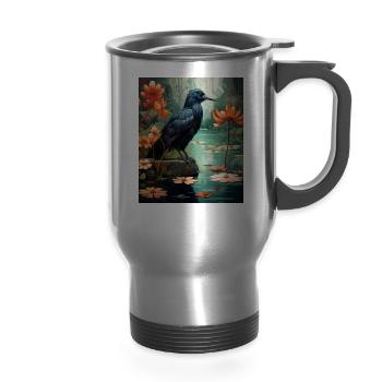 Japanese Art Japanese Woodblock Art Print Koi - 14 oz Travel Mug with Handle - silver - Front