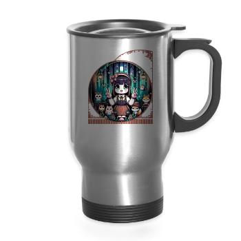 Kawaii Anime Girl's Magical Forest Woodland - 14 oz Travel Mug with Handle - silver - Front