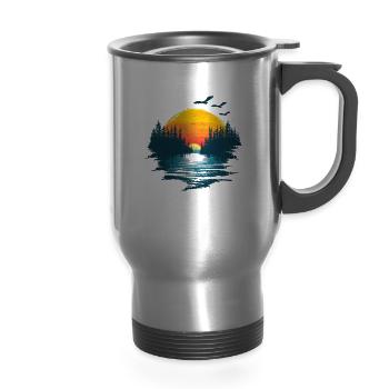 Sunset Silhouette With Pine Trees - 14 oz Travel Mug with Handle - silver - Front