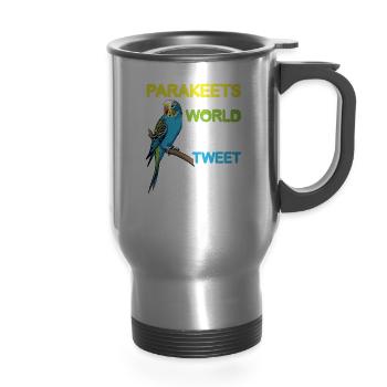 Parakeets Chirping Up The World One Tweet - 14 oz Travel Mug with Handle - silver - Front