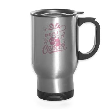 I Beat Cancer Breast Cancer Awareness - 14 oz Travel Mug with Handle - silver - Front