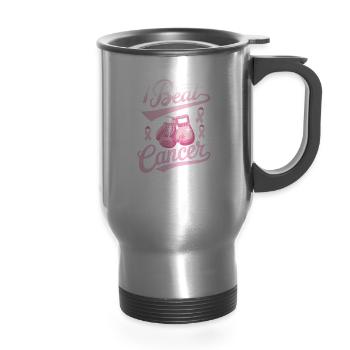 I Beat Cancer Breast Cancer Awareness - 14 oz Travel Mug with Handle - silver - Front