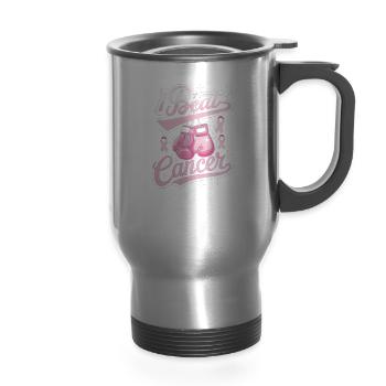 I Beat Cancer Breast Cancer Awareness - 14 oz Travel Mug with Handle - silver - Front