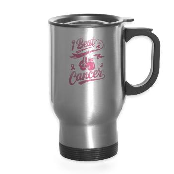 I Beat Cancer Breast Cancer Awareness - 14 oz Travel Mug with Handle - silver - Front