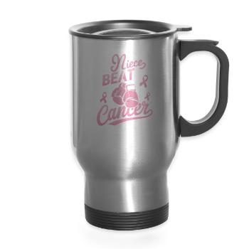 My Niece Beat Cancer Breast Cancer Awareness - 14 oz Travel Mug with Handle - silver - Front