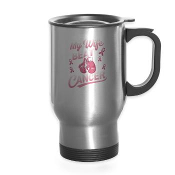 My Wife Beat Cancer Breast Cancer Awareness - 14 oz Travel Mug with Handle - silver - Front