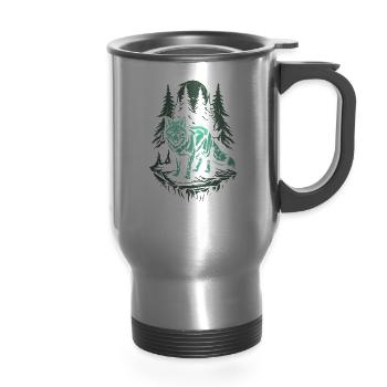 Dark Cottagecore Wolf Under Moonlight - 14 oz Travel Mug with Handle - silver - Front