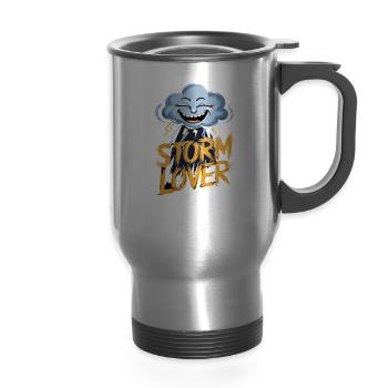 Storm Lover Cloud with Lightning Art - 14 oz Travel Mug with Handle - silver - Front