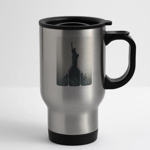 USA: Liberty Rising Over Manhattan - 14 oz Travel Mug with Handle