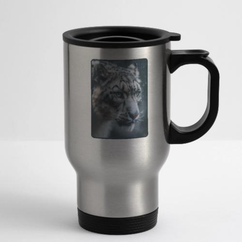 Snow Leopard Blue Eyes Design - 14 oz Travel Mug with Handle